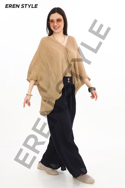 EREN STYLE Μποέμικη λινή μπλούζα με διπλό στήθος με ένα κουμπί