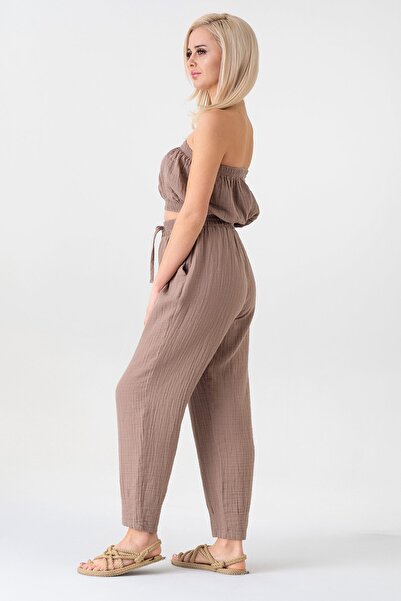 Fashion Showcase 100% Cotton Women's Trousers with Elastic Waist and Ties at the Ankle - Mink