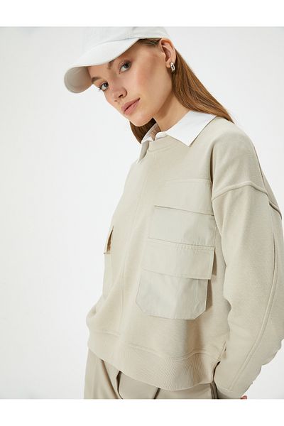 Koton Crew Neck Ribbed Sweatshirt - Cargo Pocket and Standard Cut