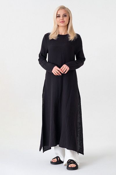 Fashion Showcase Tunica hijab din muselina 100% bumbac cu fantă laterală - neagră