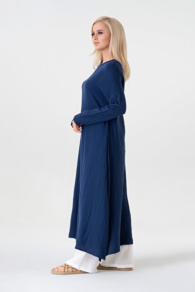 Fashion Showcase Muslin Fabric 100% Cotton Hijab Tunic with Side Slits - Navy Blue