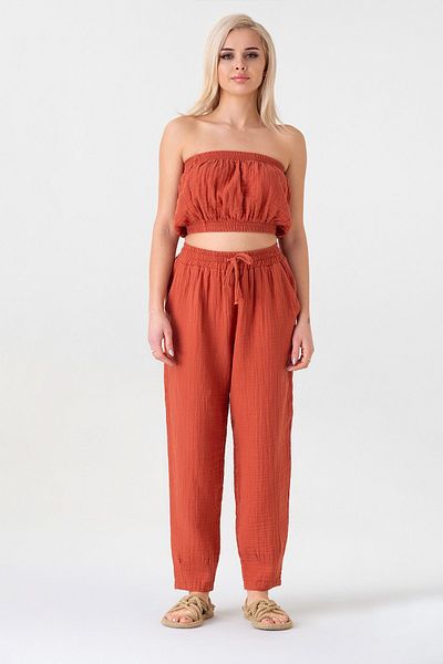 Fashion Showcase Women's Cotton Pants - Brick-Colored Muslin Waist and Elastic Ankle