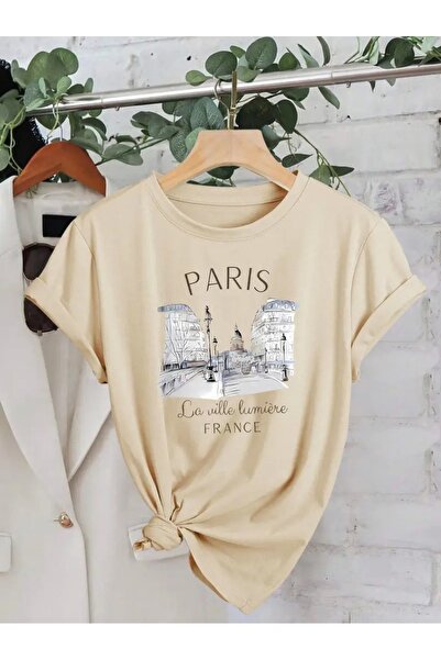 LAND MODA تي شيرت نسائي صيفي كاجوال بطبعة باريس، بلوزة بأكمام قصيرة وطية صدر ...