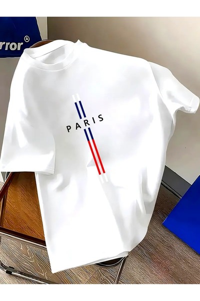 LAND MODA تي شيرت رجالي كاجوال برقبة دائرية، طباعة هندسية باريس،