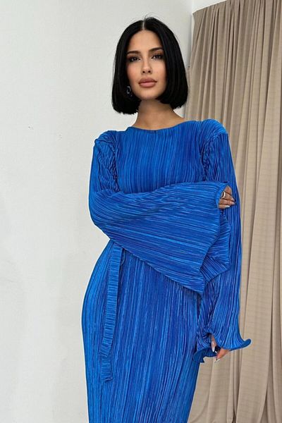 HELİS BUTİK Rochie spaniolă plisată de lungime întreagă bleumarin