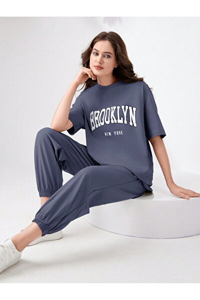 LUNAVISTA Women's 2 Piece Letter Print Casual T-shirt and Pants Set, Round Ne...