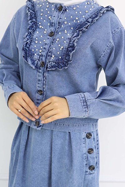 benguen Denim Skirt Suit with Pearl Detail on Collar Blue 6120