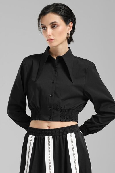 tw3 Kadın Poplin Kumaş Sivri Yaka Crop Tasarım Gömlek