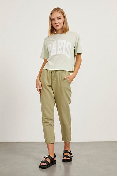 Arma Life Tricou crop verde cu mânecă scurtă cu imprimeu Paris pentru femei
