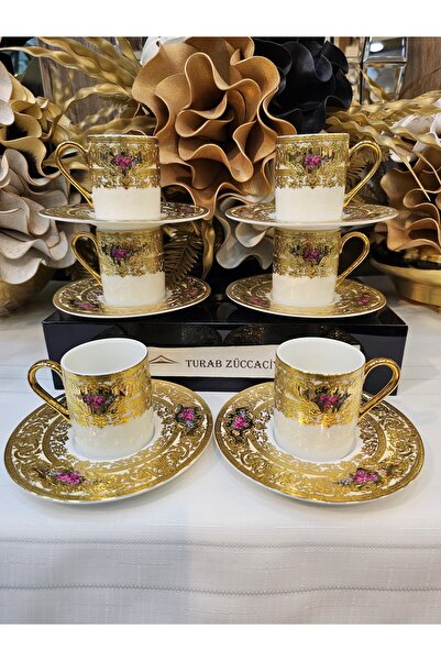 TURAB 6 Kişilik 24k Gold Şık Kahve Fincanı Takımı