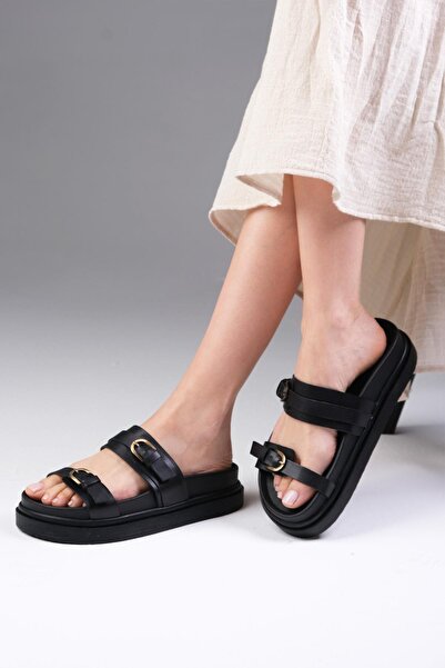 Mio Gusto Papuci de damă Marlis din piele naturală cu talpă cu platformă de culoare neagră