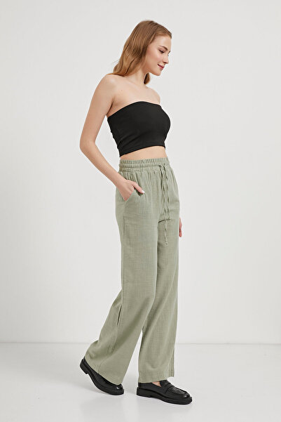Arma Life Women's Elastic Waist Wide Leg Khaki Baggy Trousers