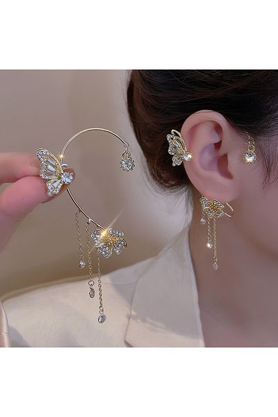 Choice Er22y0342-2 Right Shiny Zircon Butterfly Ear Cuff Gold Color Tassel Clip On Earrings For Women Korea