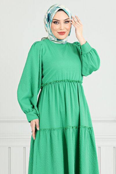ModaMerve Eteği Katlı Gofre Elbise 3033TBO1101-M Yeşil