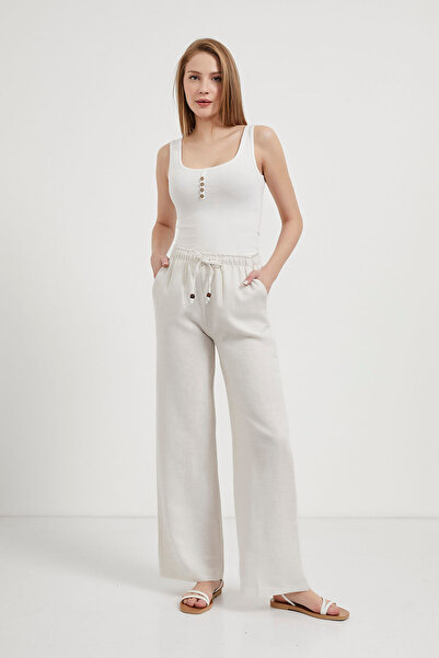 Arma Life Women's Elastic Waist Loose Ecru Baggy Linen Trousers