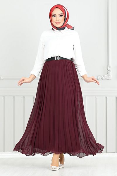 ModaMerve Fusta din șifon plisată 16202BSK984-M Roșu Claret