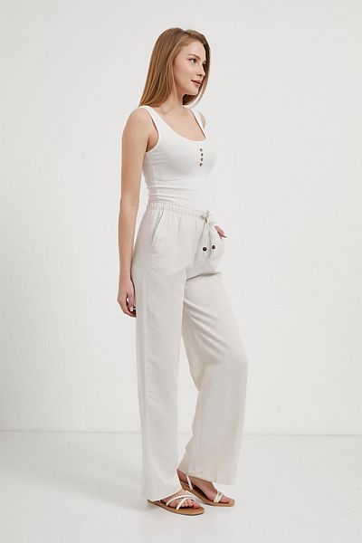 Arma Life Pantaloni largi din in ecru pentru femei cu talie elastică