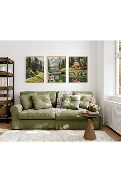 ARTCASTLE Set de 3 tablouri cu ramă din lemn Lacul Verde