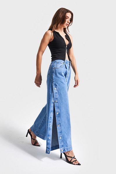 its basic Blugi de damă de culoare albastră Palazzo Jean Fit Yparalel Button Design Denim Jean
