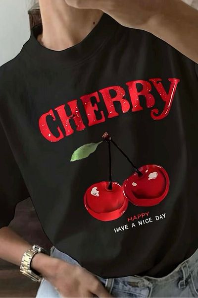 EFBUTİK Μαύρο Unisex Happy Cherry T-Shirt
