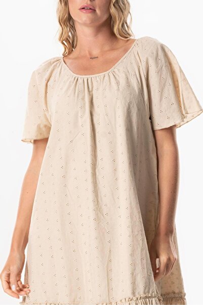 Eliş Şile Bezi Beige Voile Katre Guipure Feather, Short Sleeve Dress