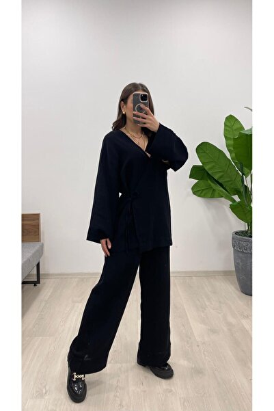 Nazline بدلة نسائية من القماش المسلم برباط جانبي وخصر مطاطي وواسعة الساق