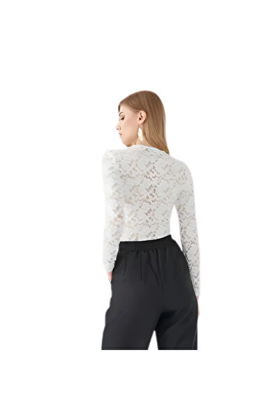 Lonca Tekstil Sheer Lace Blouse Long Sleeve Crew Neck Floral Print
