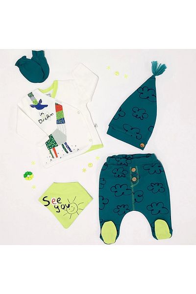 İmaj Unisex Origami Patterned 5-Piece Hospital Release – 100% Cotton Baby Set, Figured Bodysuit Set (0-3 Months)