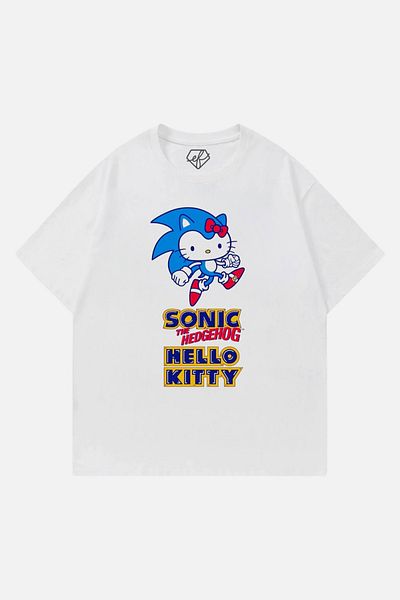 EFBUTİK White Unisex Sonic the Hedgehogs Hello Kitty T-Shirt