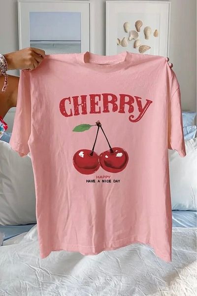 EFBUTİK Ροζ Unisex Happy Cherry T-Shirt