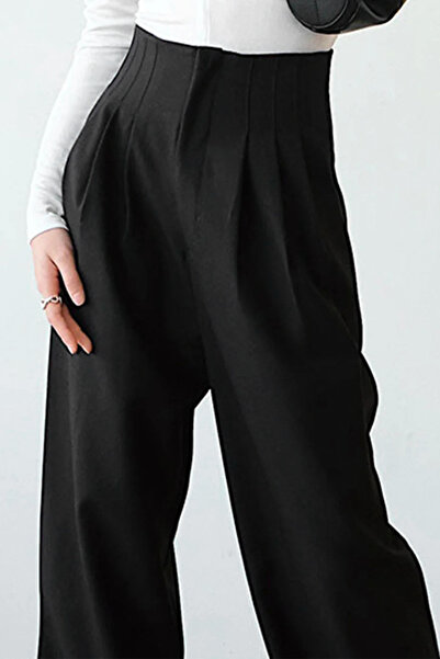 gumbuloy X Nurbeli Black Women's Ribbed Detailed Urban Palazzo Trousers