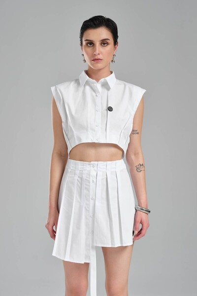 tw3 Kadın Dokuma Kumaş Pile Detaylı Özel Tasarım Bluz