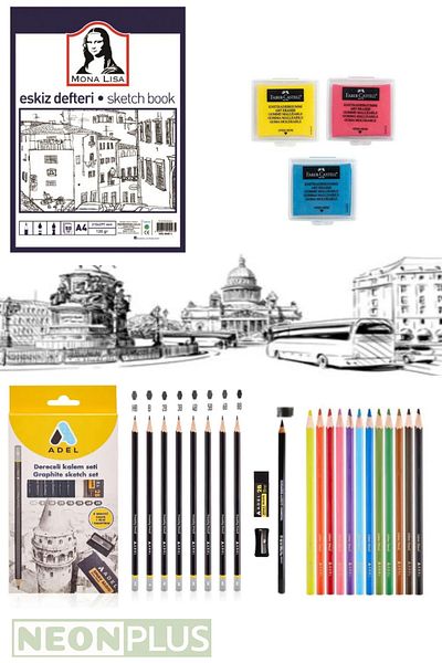 NEON PLUS Sketchbook A4 50 Sheets 120Gr Adel 8'Li Graduated Pencil, 12'Li Dry Paint, Dough Eraser Set Sketch,
