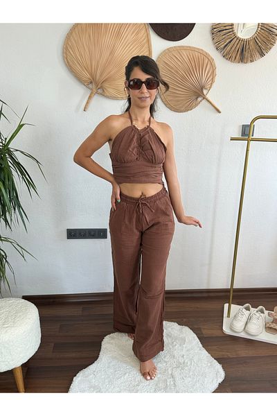 Butik Merve Sarıkaya Muslin Brown Double Set