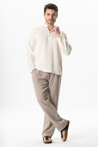 Eliş Şile Bezi Beli Lastikli Çift Cepli Çizgili Müslin Yazlık Pantolon Çizgili Kahve Çzglkhv