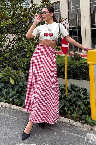 Madmext Red Gingham Midi Length Women's Skirt Mg2360