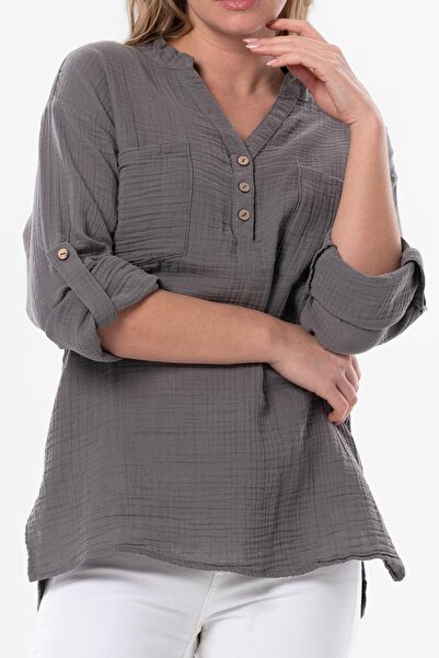 Eliş Şile Bezi Uzun Kol Asu Yazlık Müslin Bluz Gri Gri