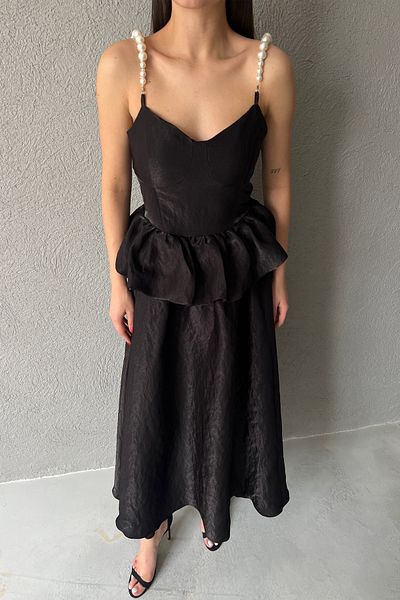 Seda Yalçın Atelier Black Waist Drawstring Detailed Stylish Dress with Pearl Straps