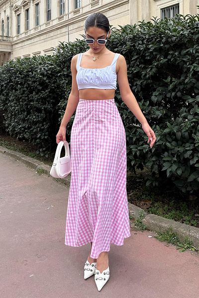 Madmext Fusta de damă roz Gingham Midi Lungime Mg2360