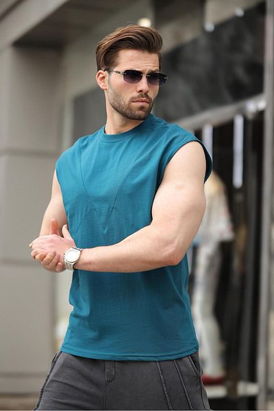 Madmext Ανδρικό μπλουζάκι Petrol Blue Αμάνικο 100% Cotton Basic E7137