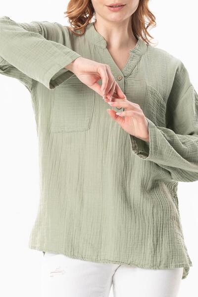 Eliş Şile Bezi Long Sleeve Asu - Summer Blue Blouse Olive Oil Green