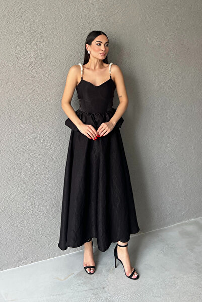 Seda Yalçın Atelier Black Waist Drawstring Detailed Stylish Dress with Pearl Straps