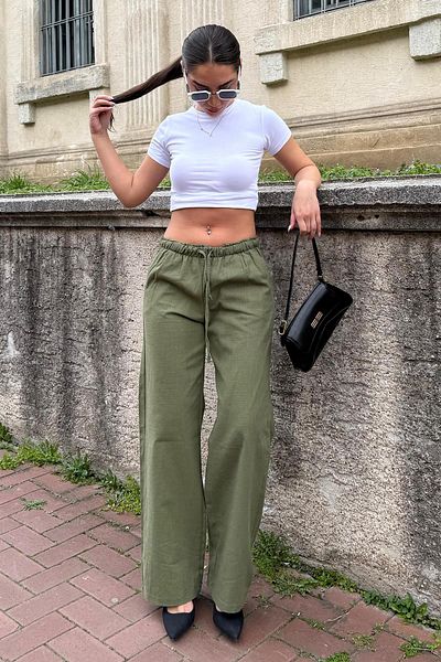 Madmext Khaki Drawstring Waist Wide Leg Fabric Trousers Mg1950