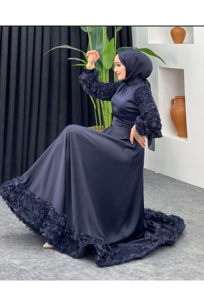 GÜZELLER Saten Kolları ve Eteği Gül Detaylı Söz İsteme Nişan Nikah Elbisesi Abiyesi