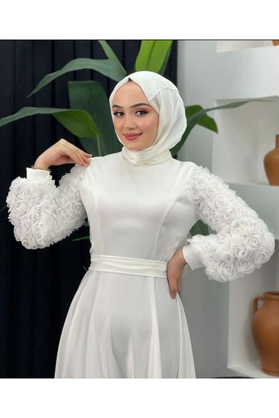 GÜZELLER Satin with Sleeves and Skirt Rose Detailed Ask for a Promise Engagement Wedding Dress Evening Dress