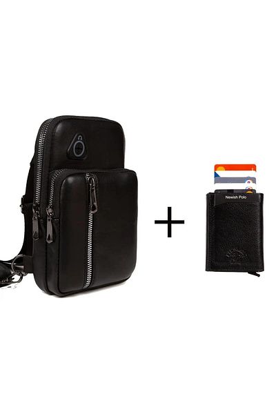 Newish Men's Black Leather Mechanism Wallet and Casual Shoulder Bag New077