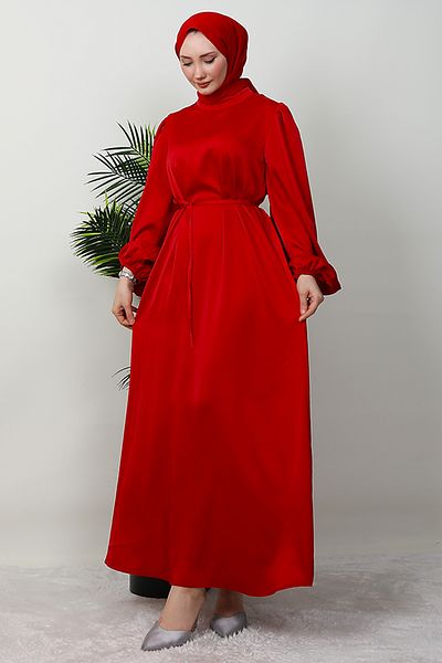 Giza Giyim Slim Belted Satin Dress Red