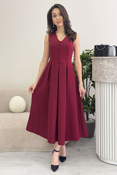 zks grup tekstil Women's V-Neck Button Detail Pleated Midi Dress Claret Red, ...