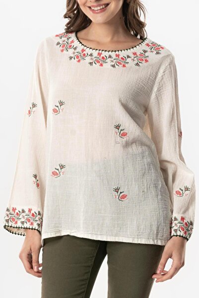 Eliş Şile Bezi Long Sleeve Shile Cloth, Cherry Embroidery Embroidered Summer Blouse and Cream