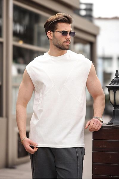 Madmext Ecru Sleeveless 100% Cotton Basic Men's T-Shirt E7137